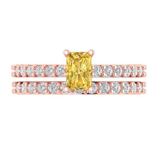 1.325 cttw Emerald Cut Simulated Yellow Diamond Bridal Set - Solid Rose Gold Engagement Ring & Wedding Band