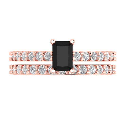 1.325 cttw Emerald Cut Natural Onyx Bridal Set - Solid Rose Gold Engagement Ring & Wedding Band