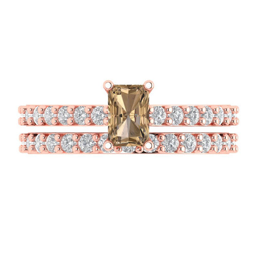 1.325 cttw Emerald Cut Simulated Champagne Diamond Bridal Set - Solid Rose Gold Engagement Ring & Wedding Band