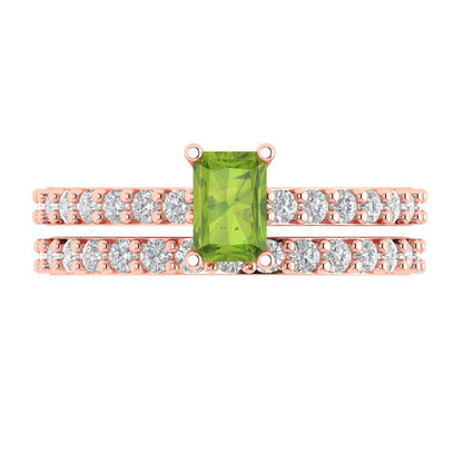 1.325 cttw Emerald Cut Natural Peridot Bridal Set - Solid Rose Gold Engagement Ring & Wedding Band