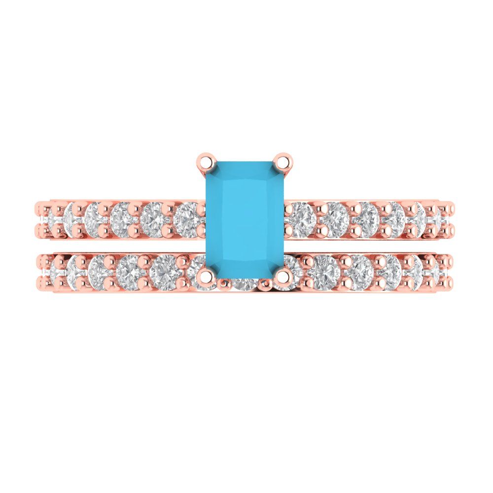 1.325 cttw Emerald Cut Simulated Turquoise Bridal Set - Solid Rose Gold Engagement Ring & Wedding Band