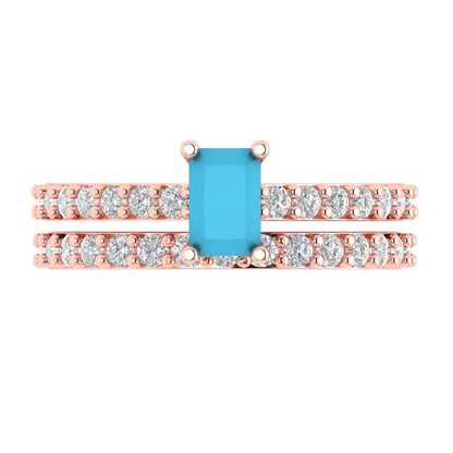 1.325 cttw Emerald Cut Simulated Turquoise Bridal Set - Solid Rose Gold Engagement Ring & Wedding Band