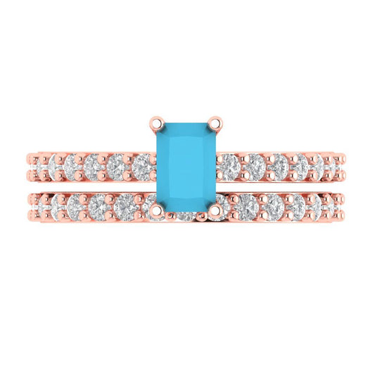 1.325 cttw Emerald Cut Simulated Turquoise Bridal Set - Solid Rose Gold Engagement Ring & Wedding Band