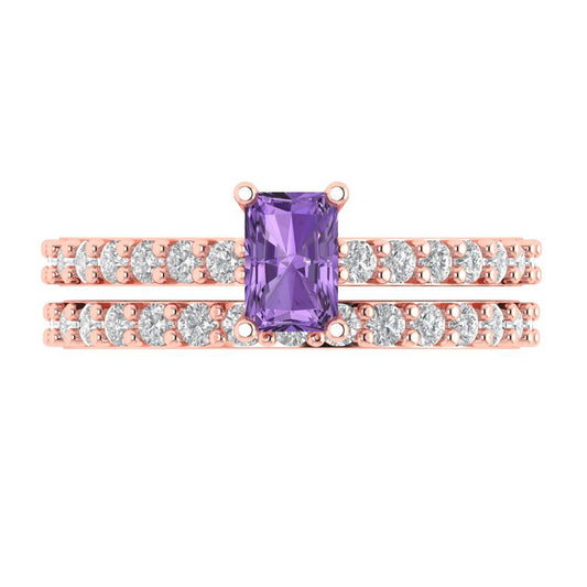 1.325 cttw Emerald Cut Simulated Alexandrite Bridal Set - Solid Rose Gold Engagement Ring & Wedding Band