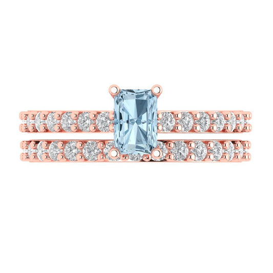 1.325 cttw Emerald Cut Simulated Blue Diamond Bridal Set - Solid Rose Gold Engagement Ring & Wedding Band