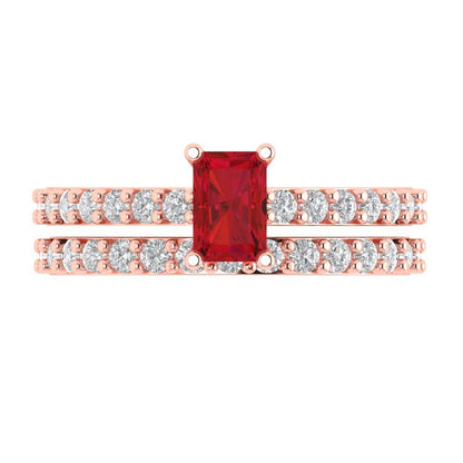1.325 cttw Emerald Cut Simulated Ruby Bridal Set - Solid Rose Gold Engagement Ring & Wedding Band