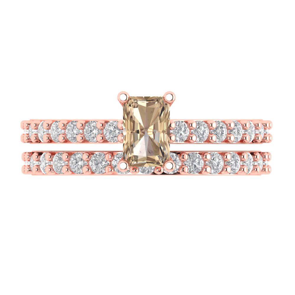 1.325 cttw Emerald Cut Yellow Moissanite Bridal Set - Solid Rose Gold Engagement Ring & Wedding Band