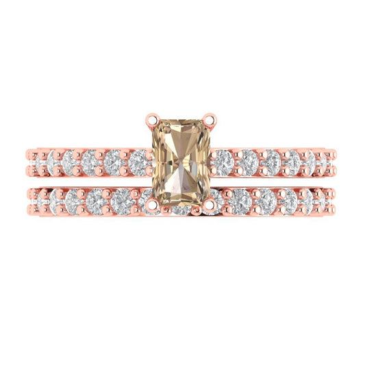 1.325 cttw Emerald Cut Yellow Moissanite Bridal Set - Solid Rose Gold Engagement Ring & Wedding Band