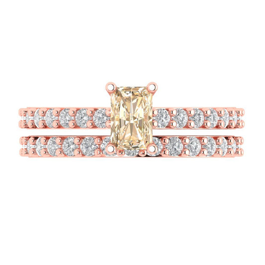 1.325 cttw Emerald Cut Natural Morganite Bridal Set - Solid Rose Gold Engagement Ring & Wedding Band