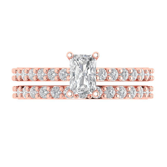 1.325 cttw Emerald Cut Moissanite Bridal Set - Solid Rose Gold Engagement Ring & Wedding Band