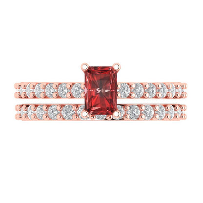 1.325 cttw Emerald Cut Natural Garnet Bridal Set - Solid Rose Gold Engagement Ring & Wedding Band