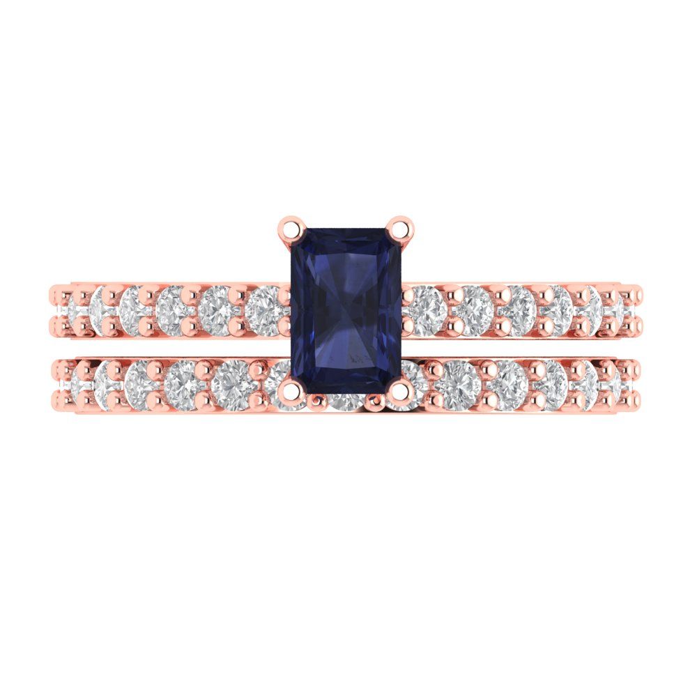 1.325 cttw Emerald Cut Simulated Blue Sapphire Bridal Set - Solid Rose Gold Engagement Ring & Wedding Band