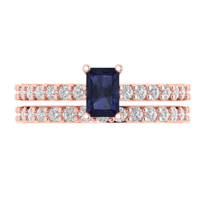 1.325 cttw Emerald Cut Simulated Blue Sapphire Bridal Set - Solid Rose Gold Engagement Ring & Wedding Band