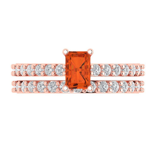 1.325 cttw Emerald Cut Simulated Red Diamond Bridal Set - Solid Rose Gold Engagement Ring & Wedding Band