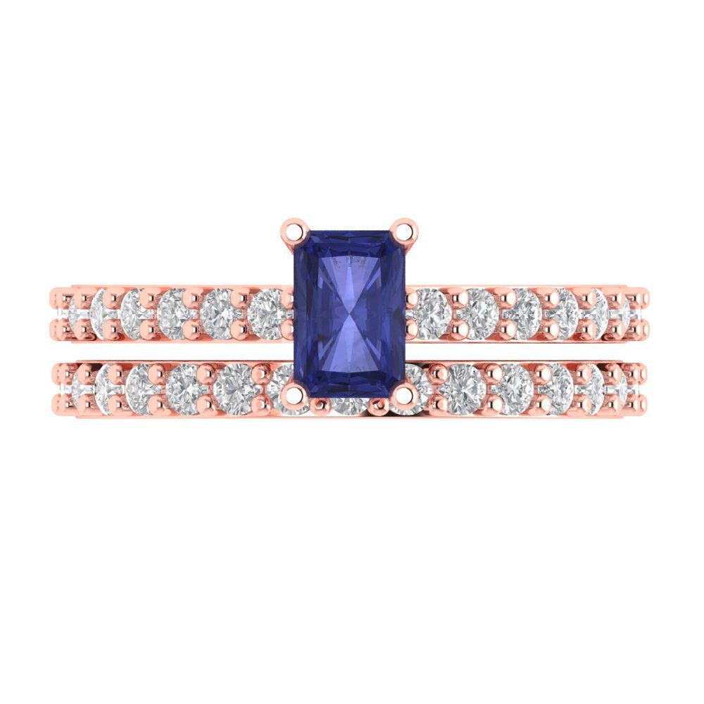1.325 cttw Emerald Cut Simulated Tanzanite Bridal Set - Solid Rose Gold Engagement Ring & Wedding Band