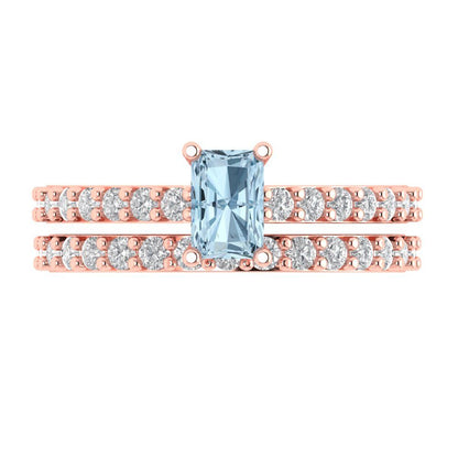 1.325 cttw Emerald Cut Natural Swiss Blue Topaz Bridal Set - Solid Rose Gold Engagement Ring & Wedding Band