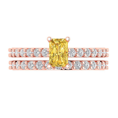 1.325 cttw Emerald Cut Natural Citrine Bridal Set - Solid Rose Gold Engagement Ring & Wedding Band