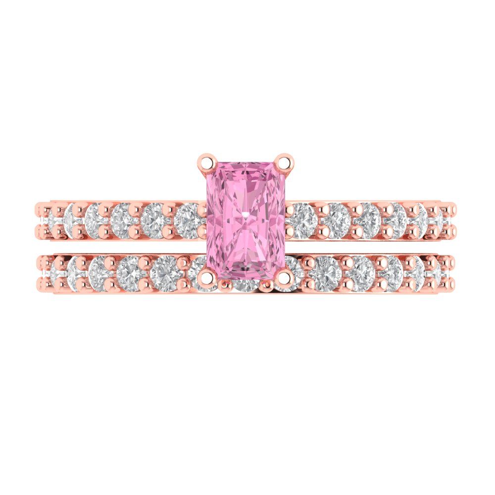 1.325 cttw Emerald Cut Simulated Pink Diamond Bridal Set - Solid Rose Gold Engagement Ring & Wedding Band