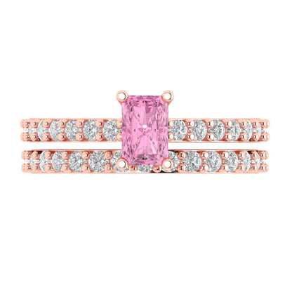 1.325 cttw Emerald Cut Simulated Pink Diamond Bridal Set - Solid Rose Gold Engagement Ring & Wedding Band