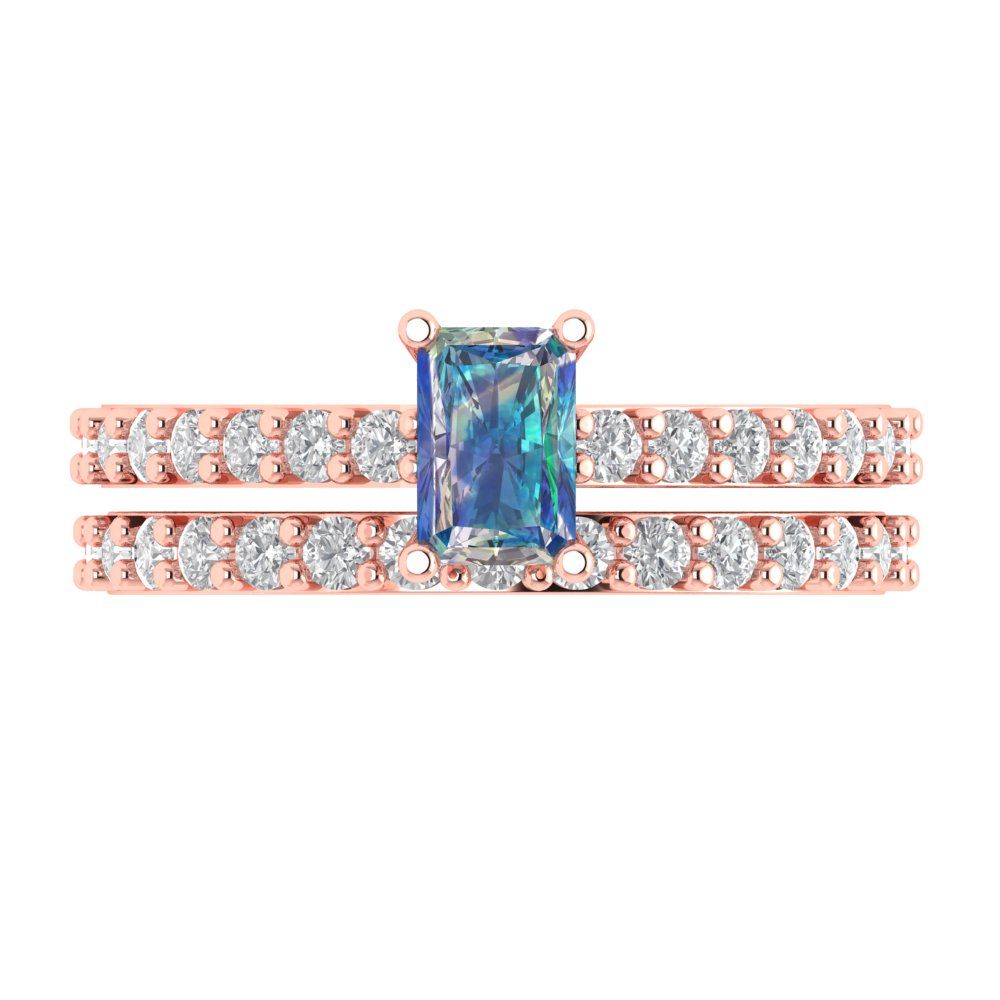 1.325 cttw Emerald Cut Blue Moissanite Bridal Set - Solid Rose Gold Engagement Ring & Wedding Band