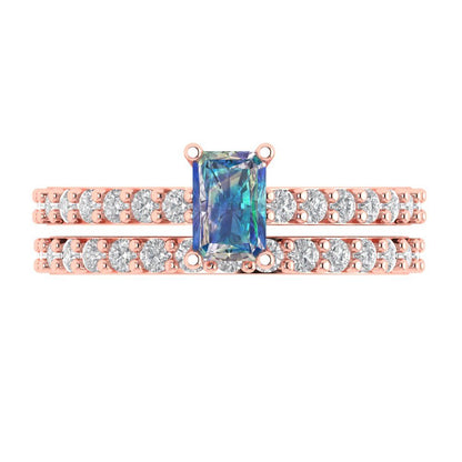 1.325 cttw Emerald Cut Blue Moissanite Bridal Set - Solid Rose Gold Engagement Ring & Wedding Band