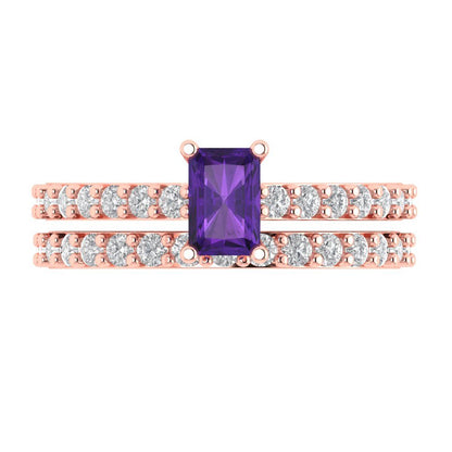 1.325 cttw Emerald Cut Natural Amethyst Bridal Set - Solid Rose Gold Engagement Ring & Wedding Band