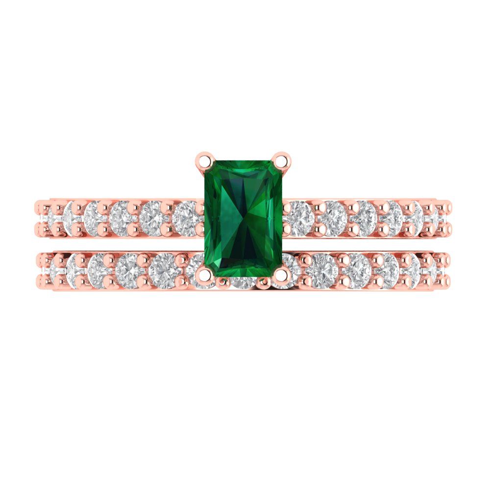 1.325 cttw Emerald Cut Simulated Emerald Bridal Set - Solid Rose Gold Engagement Ring & Wedding Band