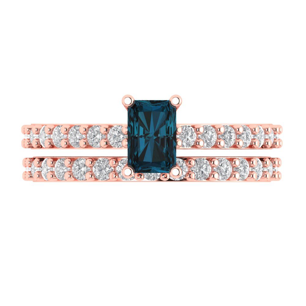 1.325 cttw Emerald Cut Natural London Blue Topaz Bridal Set - Solid Rose Gold Engagement Ring & Wedding Band