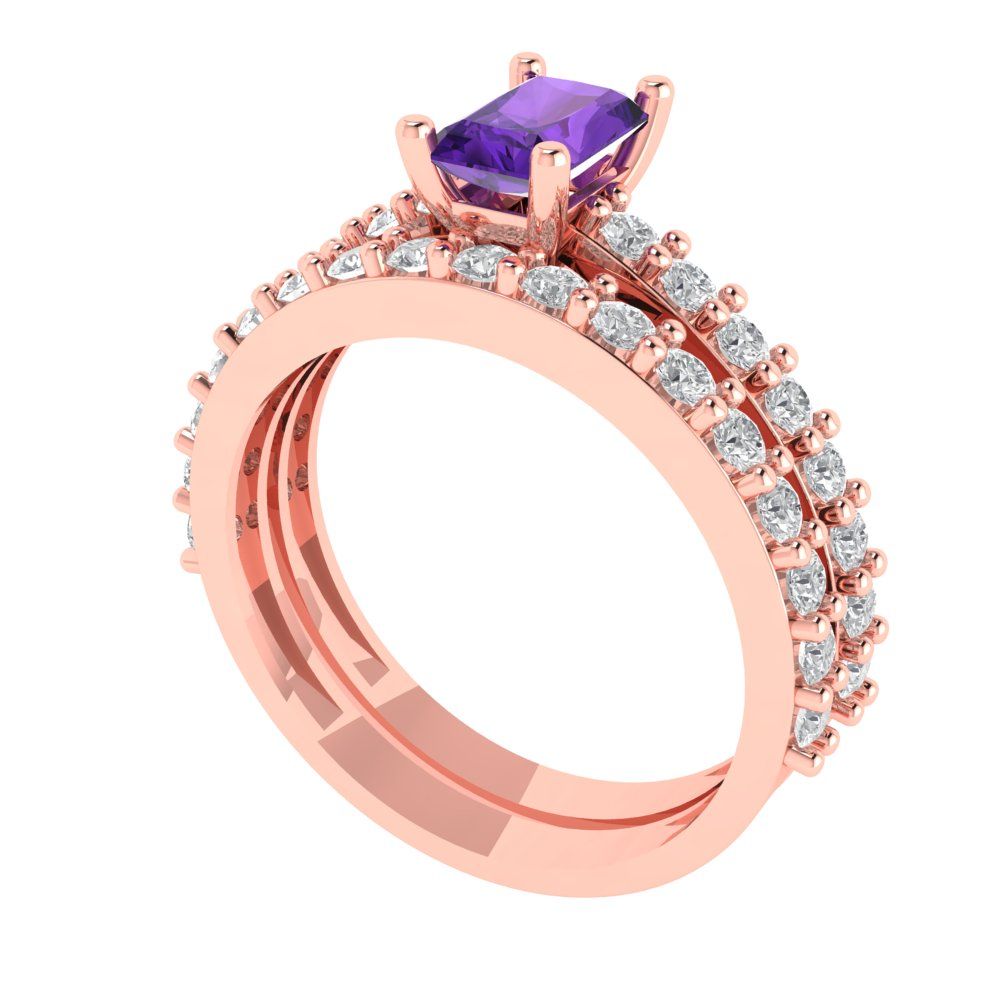 1.325 cttw Emerald Cut Natural Amethyst Bridal Set - Solid Rose Gold Engagement Ring & Wedding Band