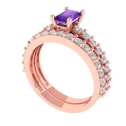 1.325 cttw Emerald Cut Natural Amethyst Bridal Set - Solid Rose Gold Engagement Ring & Wedding Band