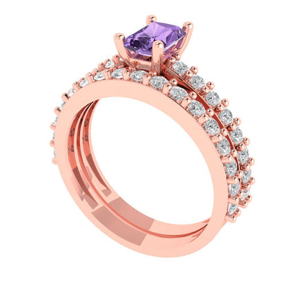 1.325 cttw Emerald Cut Simulated Alexandrite Bridal Set - Solid Rose Gold Engagement Ring & Wedding Band