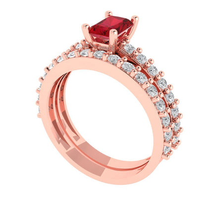 1.325 cttw Emerald Cut Simulated Ruby Bridal Set - Solid Rose Gold Engagement Ring & Wedding Band