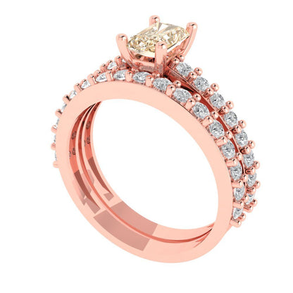 1.325 cttw Emerald Cut Natural Morganite Bridal Set - Solid Rose Gold Engagement Ring & Wedding Band