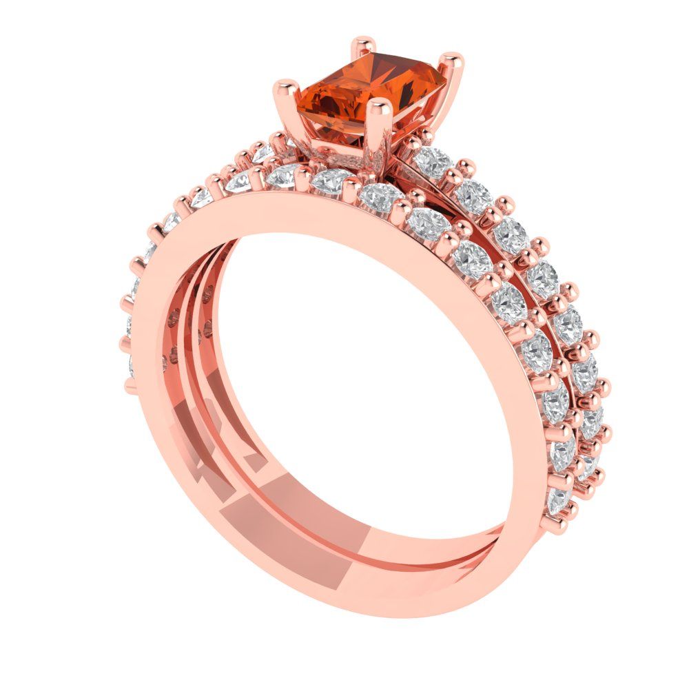 1.325 cttw Emerald Cut Simulated Red Diamond Bridal Set - Solid Rose Gold Engagement Ring & Wedding Band