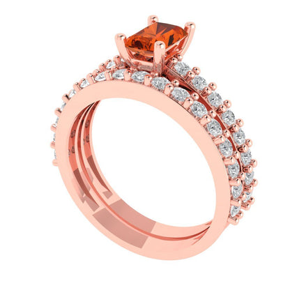 1.325 cttw Emerald Cut Simulated Red Diamond Bridal Set - Solid Rose Gold Engagement Ring & Wedding Band