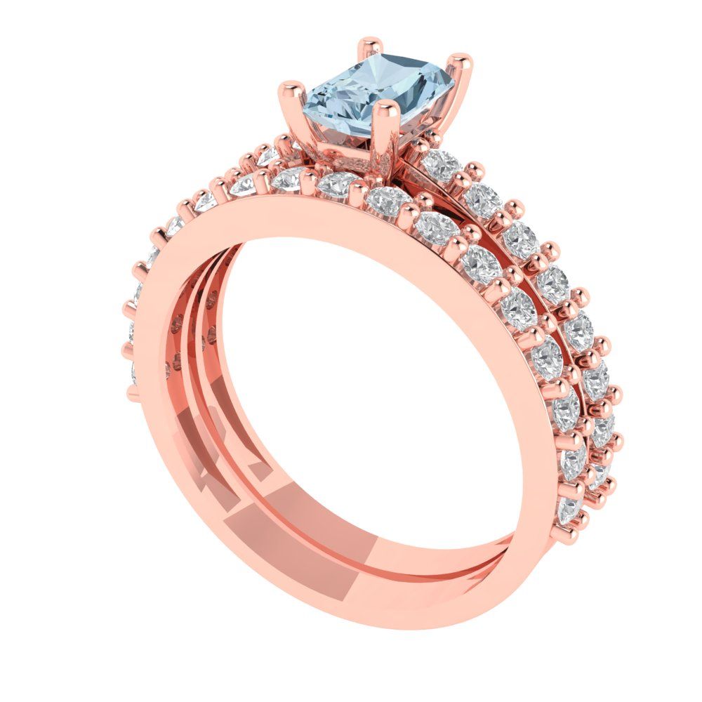 1.325 cttw Emerald Cut Natural Aquamarine Bridal Set - Solid Rose Gold Engagement Ring & Wedding Band