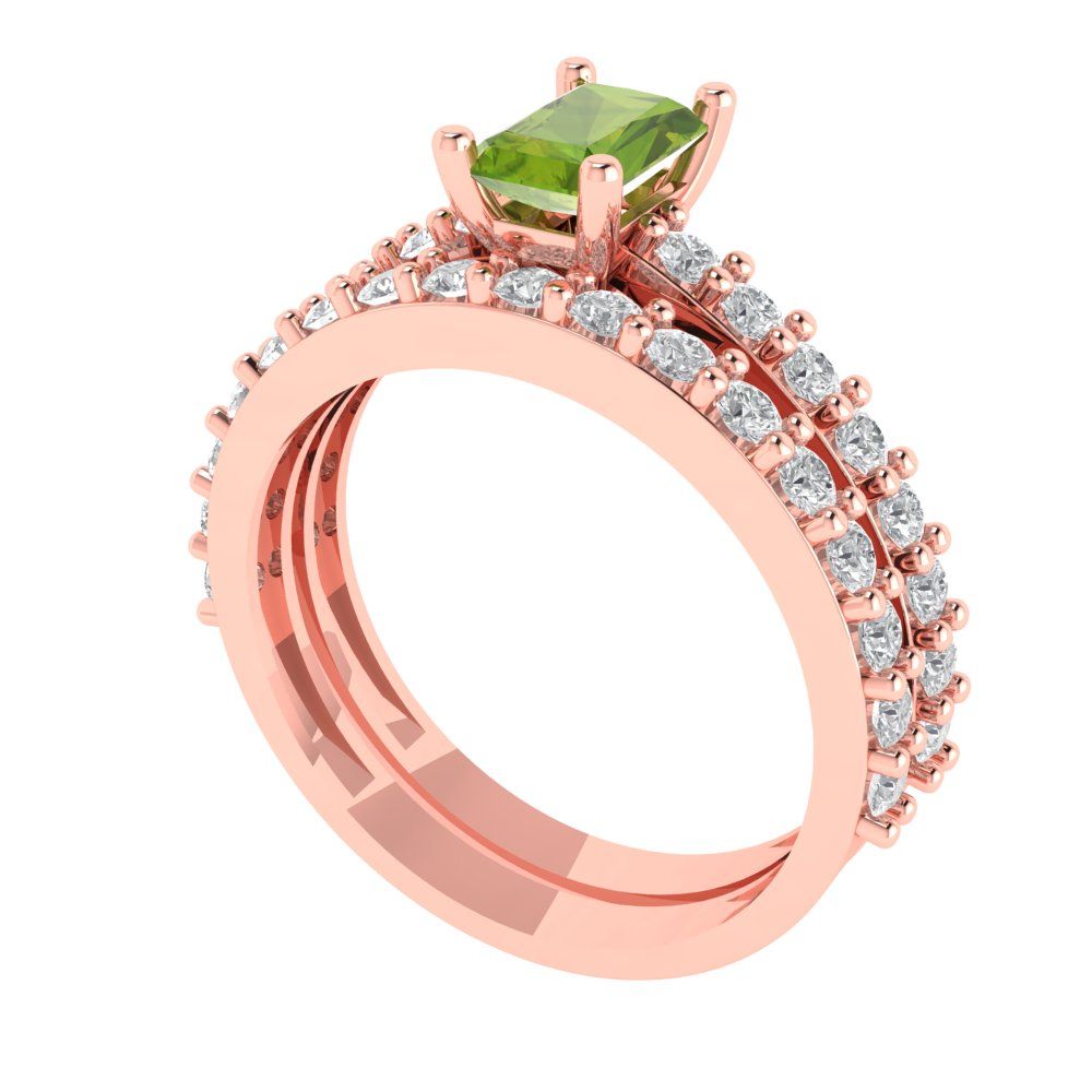 1.325 cttw Emerald Cut Natural Peridot Bridal Set - Solid Rose Gold Engagement Ring & Wedding Band