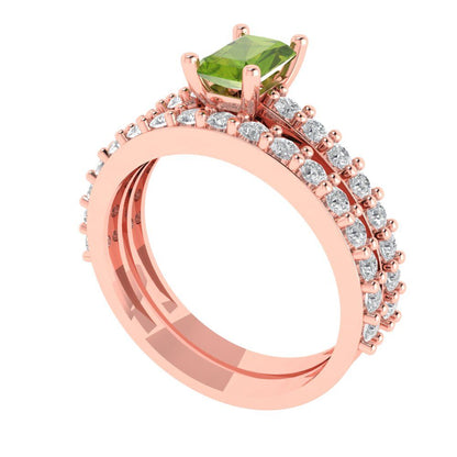 1.325 cttw Emerald Cut Natural Peridot Bridal Set - Solid Rose Gold Engagement Ring & Wedding Band