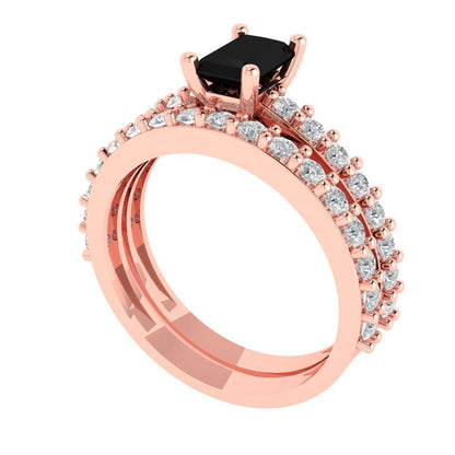 1.325 cttw Emerald Cut Natural Onyx Bridal Set - Solid Rose Gold Engagement Ring & Wedding Band