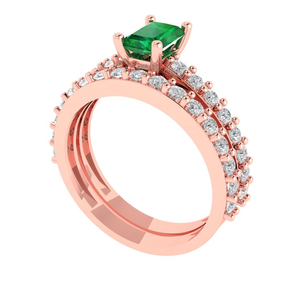 1.325 cttw Emerald Cut Simulated Emerald Bridal Set - Solid Rose Gold Engagement Ring & Wedding Band