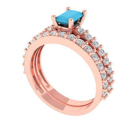 1.325 cttw Emerald Cut Simulated Turquoise Bridal Set - Solid Rose Gold Engagement Ring & Wedding Band