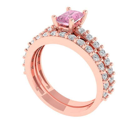 1.325 cttw Emerald Cut Simulated Pink Diamond Bridal Set - Solid Rose Gold Engagement Ring & Wedding Band