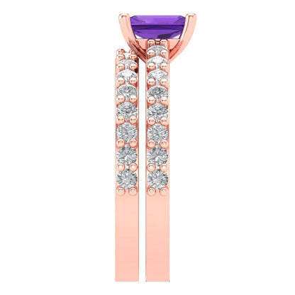 1.325 cttw Emerald Cut Natural Amethyst Bridal Set - Solid Rose Gold Engagement Ring & Wedding Band