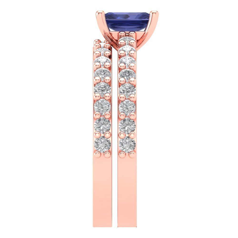 1.325 cttw Emerald Cut Simulated Tanzanite Bridal Set - Solid Rose Gold Engagement Ring & Wedding Band