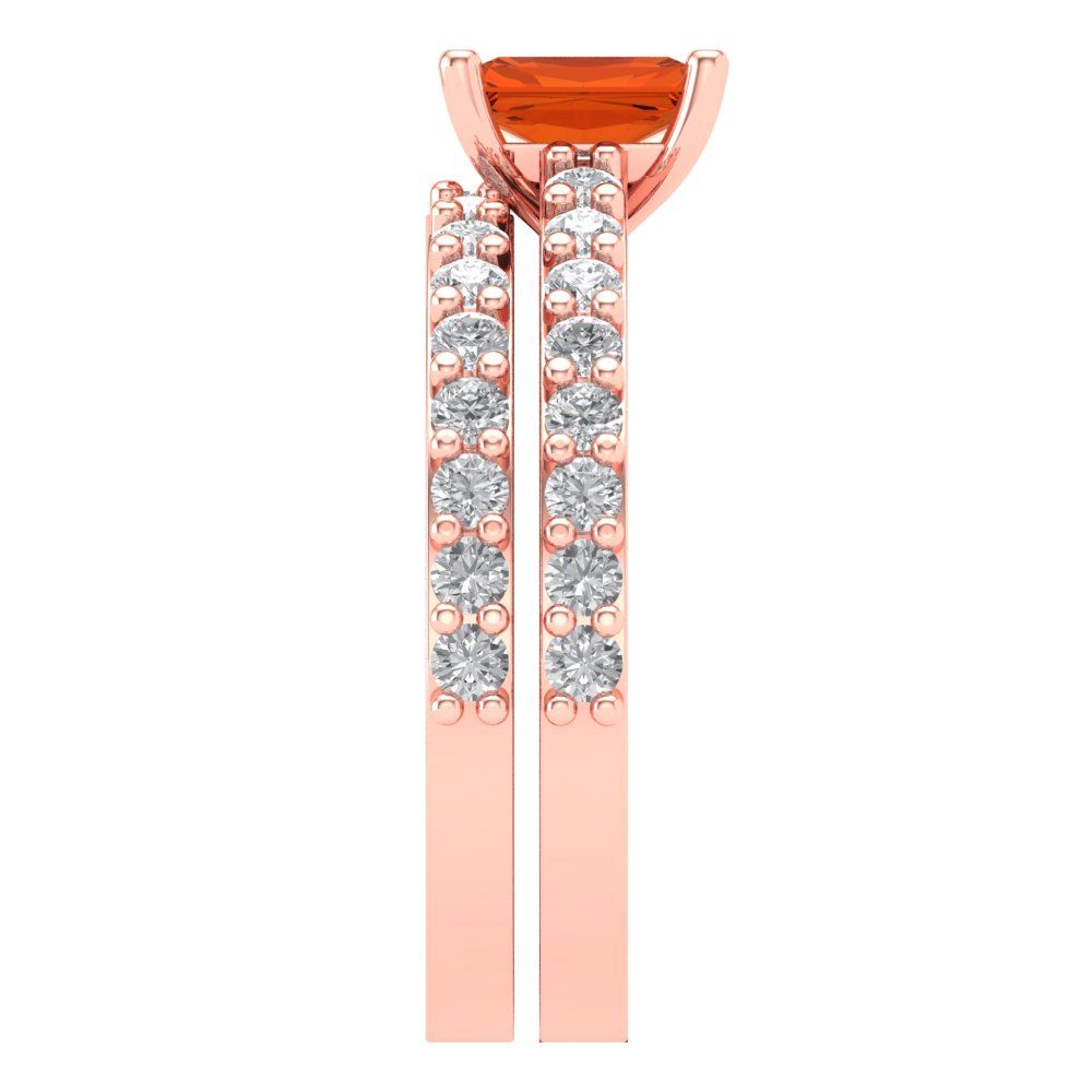 1.325 cttw Emerald Cut Simulated Red Diamond Bridal Set - Solid Rose Gold Engagement Ring & Wedding Band