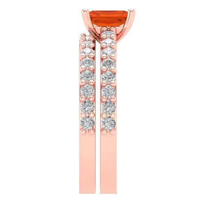 1.325 cttw Emerald Cut Simulated Red Diamond Bridal Set - Solid Rose Gold Engagement Ring & Wedding Band