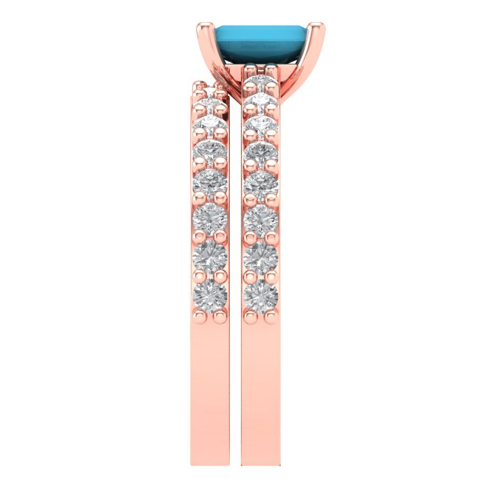 1.325 cttw Emerald Cut Simulated Turquoise Bridal Set - Solid Rose Gold Engagement Ring & Wedding Band