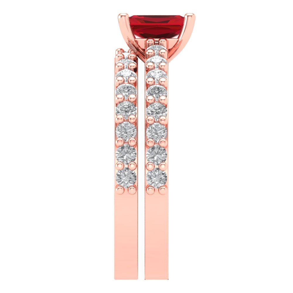 1.325 cttw Emerald Cut Simulated Ruby Bridal Set - Solid Rose Gold Engagement Ring & Wedding Band