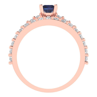 1.325 cttw Emerald Cut Simulated Blue Sapphire Bridal Set - Solid Rose Gold Engagement Ring & Wedding Band
