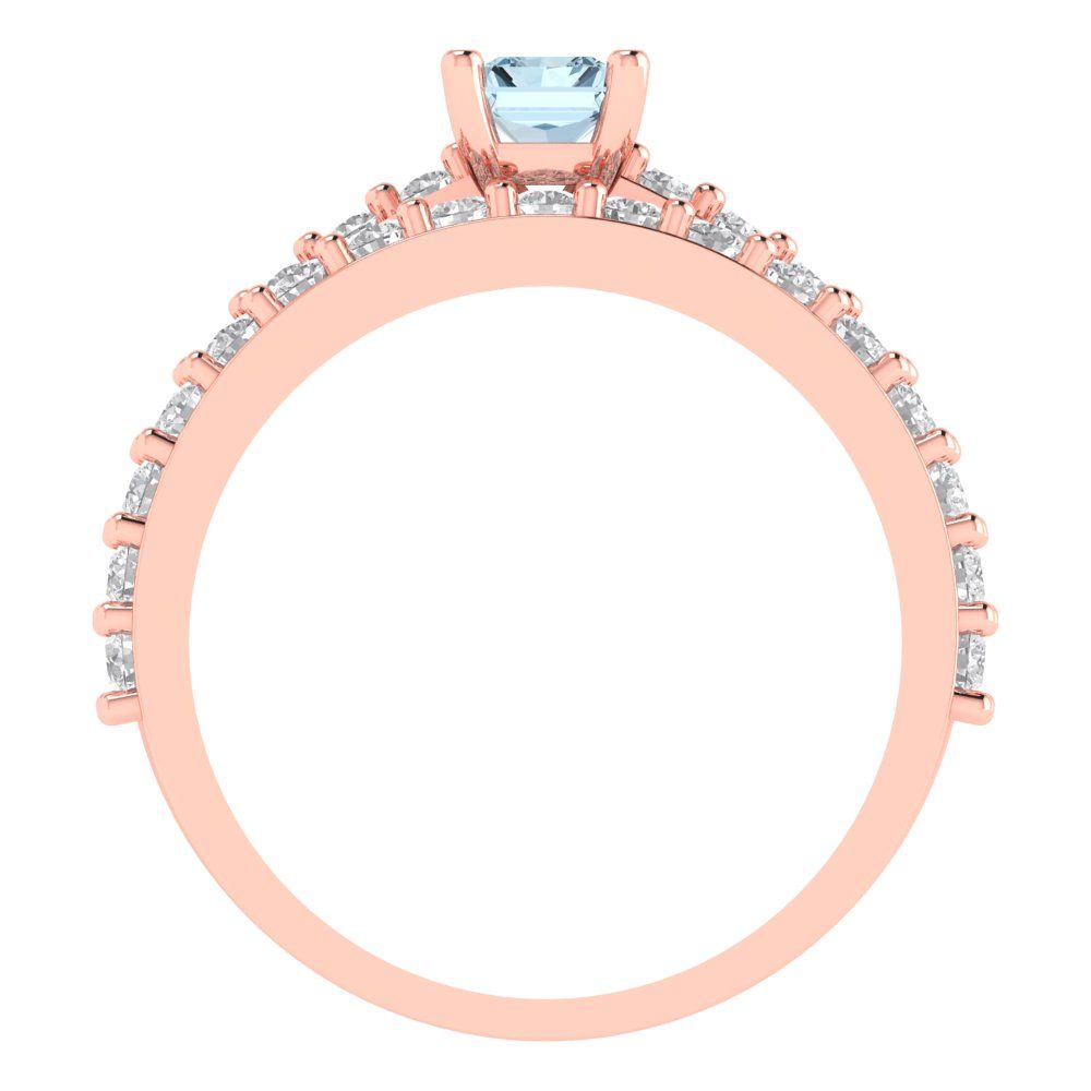 1.325 cttw Emerald Cut Natural Aquamarine Bridal Set - Solid Rose Gold Engagement Ring & Wedding Band